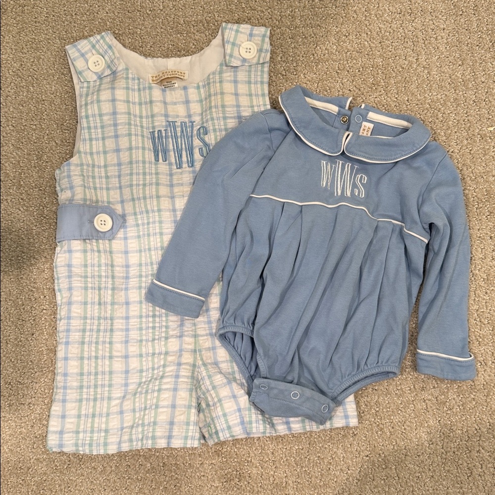 TBBC blue plaid Jon Jon and long sleeve bubble 
 “WSW” initial monogram